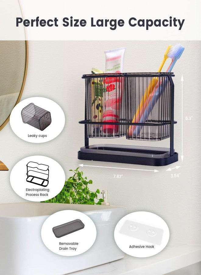 KONE Black Toothbrush Holders for Bathrooms, 2 Cups Toothbrush Holders Wall Mounted, Dry & Wet Separation, Bathroom Organizers and Storage, Bathroom Toothbrush Holder Set for Family Kids - Image 2