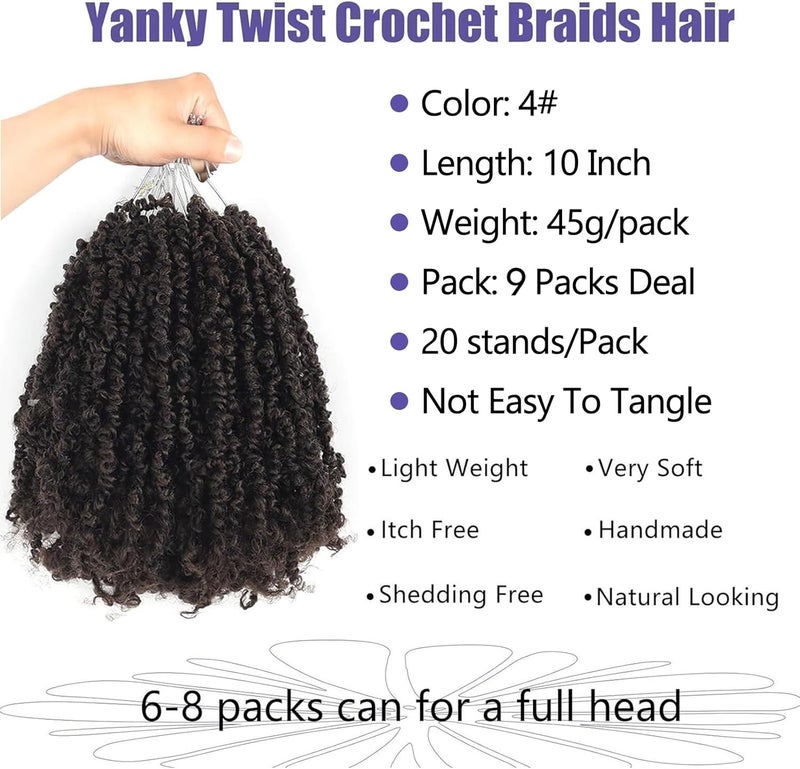 Datanala Yanky Twists Crochet Braiding Hair Color 4# 10 Inch 9 Packs Crochet Hair with Curls Micro Spring Twists Pre-looped Curly Crochet Braids Hair Extensions for Women - Image 2