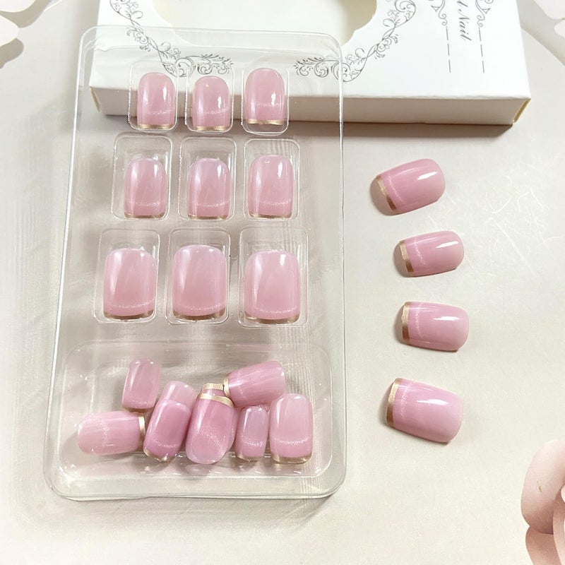 Vopintpy Nude Pink Press on Nails Short Square Fake Nails with French Tip Acrylic Glue on Nail Glossy Full Cover Artificial Stick on Nail for Women DIY Manicure - Image 4