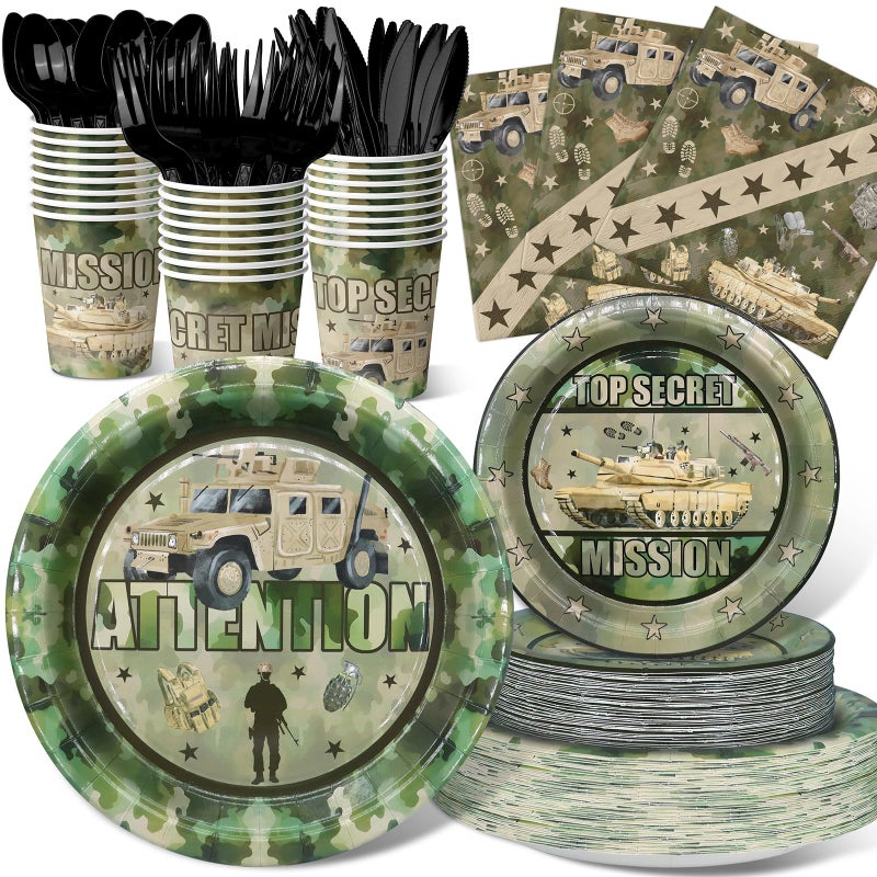 Outego Army Party Decorations Set - Unique Army Party Plates, Cups, Napkins, and Cutlery for an Enthralling Celebration - Disposable and Stylish Army Party Supplies for Birthdays and Events - Image 1