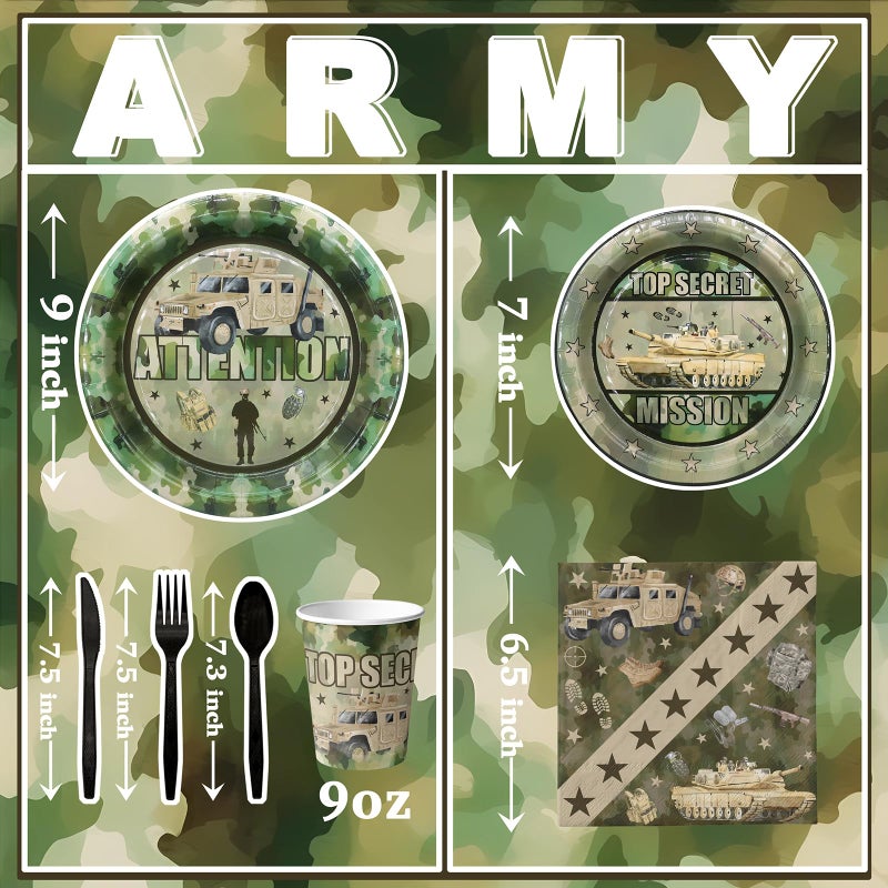 Outego Army Party Decorations Set - Unique Army Party Plates, Cups, Napkins, and Cutlery for an Enthralling Celebration - Disposable and Stylish Army Party Supplies for Birthdays and Events - Image 3