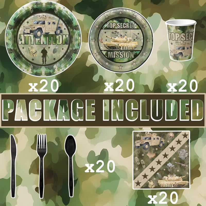 Outego Army Party Decorations Set - Unique Army Party Plates, Cups, Napkins, and Cutlery for an Enthralling Celebration - Disposable and Stylish Army Party Supplies for Birthdays and Events - Image 2