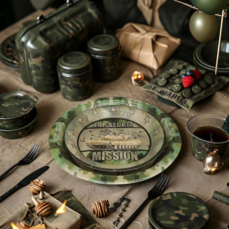 Outego Army Party Decorations Set - Unique Army Party Plates, Cups, Napkins, and Cutlery for an Enthralling Celebration - Disposable and Stylish Army Party Supplies for Birthdays and Events - Image 5