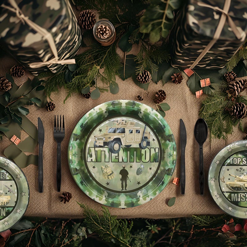 Outego Army Party Decorations Set - Unique Army Party Plates, Cups, Napkins, and Cutlery for an Enthralling Celebration - Disposable and Stylish Army Party Supplies for Birthdays and Events - Image 4