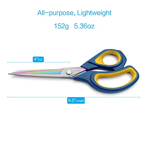 LIVINGO مقص قماش بريميوم LIVINGO 9.5 بوصة، ثقيل الاستخدام متعدد الأغراض بطبقة من التيتانيوم، مصنوع من الفولاذ المقاوم للصدأ، حاد للخياطة وتفصيل الملابس، مقص مريح للحرف اليدوية وقطع الجلد، أزرق داكن/أصفر - Image 2