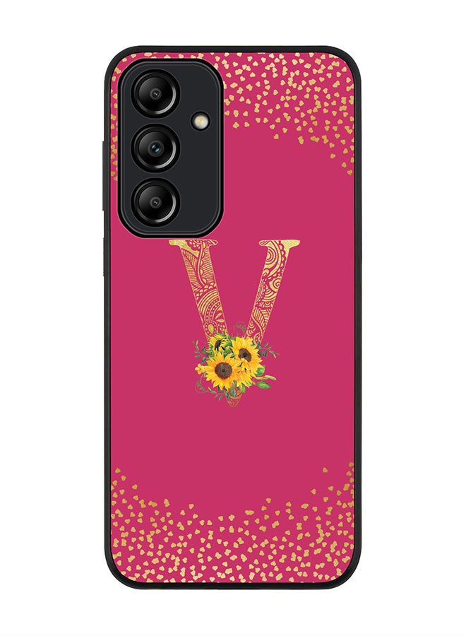 Stylizedd Rugged Black Edge Case for Samsung Galaxy A35 Case Cover- Custom Monogram Initial Letter Mandala Floral Pattern Alphabet - V(Deep Pink Rose) - Image 1