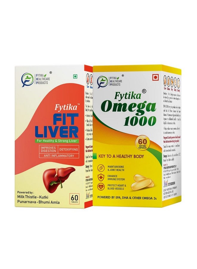 FYTIKA فيتيكا فيت كبد + فيتيكا أوميغا 1000 (حزمة كومبو) | شوك الحليب 200 ملغ، كوتكي 50 ملغ، بونارنافا 25 ملغ، بهومي أmla 25 ملغ وبروبيوتيك | أوميغا 3 1000 ملغ، EPA 360 ملغ + DHA 240 ملغ وأحماض دهنية 400 ملغ - Image 1