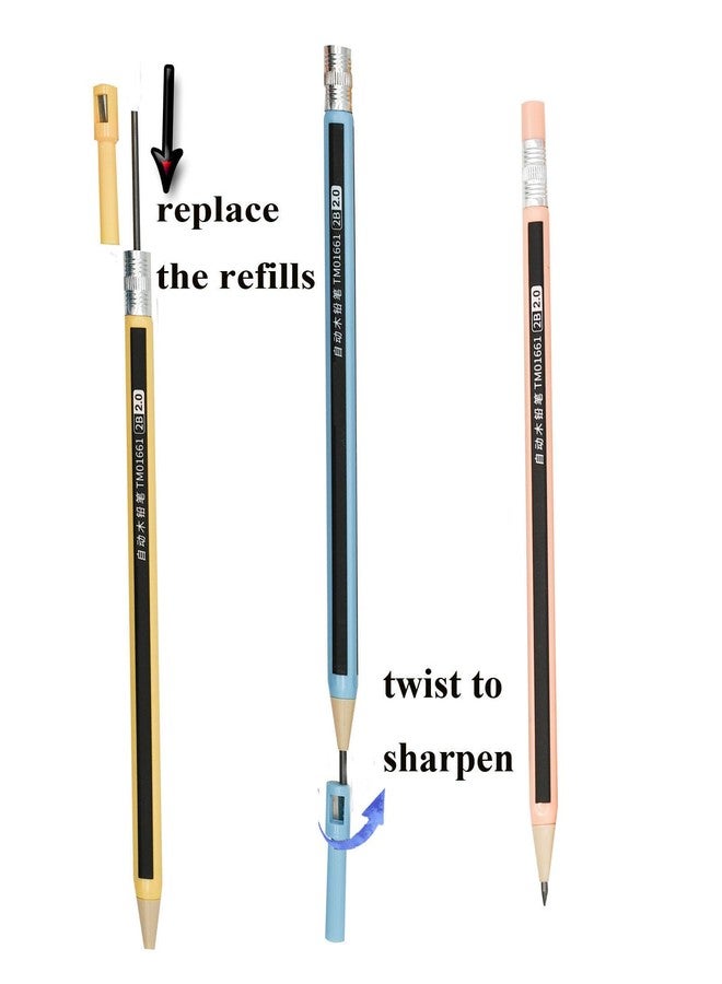 Lopenle mechanical pencils (wood like) 12-Pack Colorful Wood-Imitating Automatic Pencils 2.0mm, 2B Lead, with Built-in Sharpener (6 Assorted Colors) + 10 Extra Refill Leads - Image 2