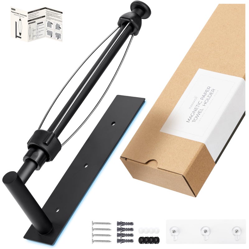 INMAKER Magnetic Paper Towel Holder, Strong Magnet Paper Towel Holder for Fridge, Kitchen, RV, Garage, Grill with Self Adhesive Wall Mount and Screws, One Hand Tear with Adjustable Damping (Black) - Image 1