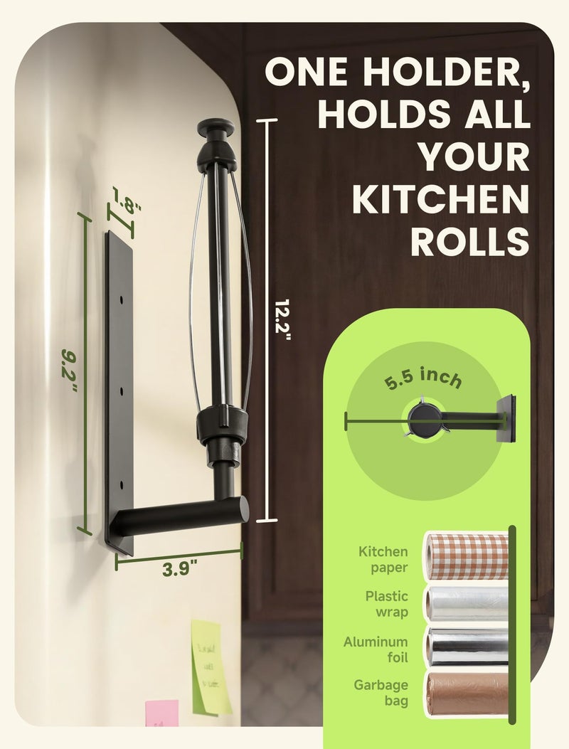 INMAKER Magnetic Paper Towel Holder, Strong Magnet Paper Towel Holder for Fridge, Kitchen, RV, Garage, Grill with Self Adhesive Wall Mount and Screws, One Hand Tear with Adjustable Damping (Black) - Image 5
