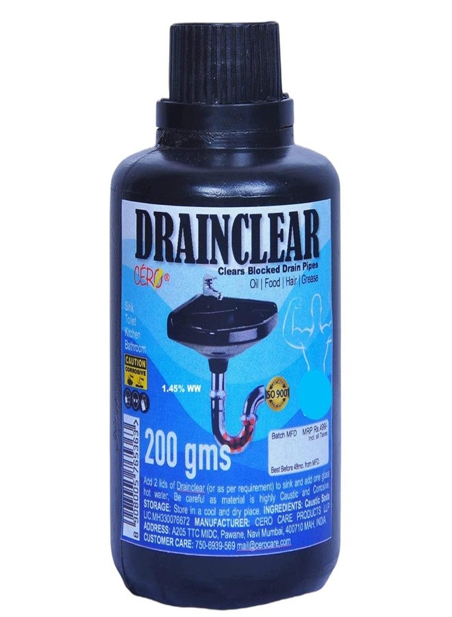 CERO ® DRAINCLEAR (DRY POWDER Removes Clogs, Blockages in Washbasin, Septic Tank, Sinks, Pipes within 30 mins.Drain expert | Sink cleaner| Toilet Cleaner (180g - Image 1