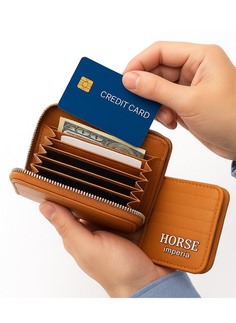 Horse Leather Card Holder with Zipper - Modern Design - Havana - Image 2