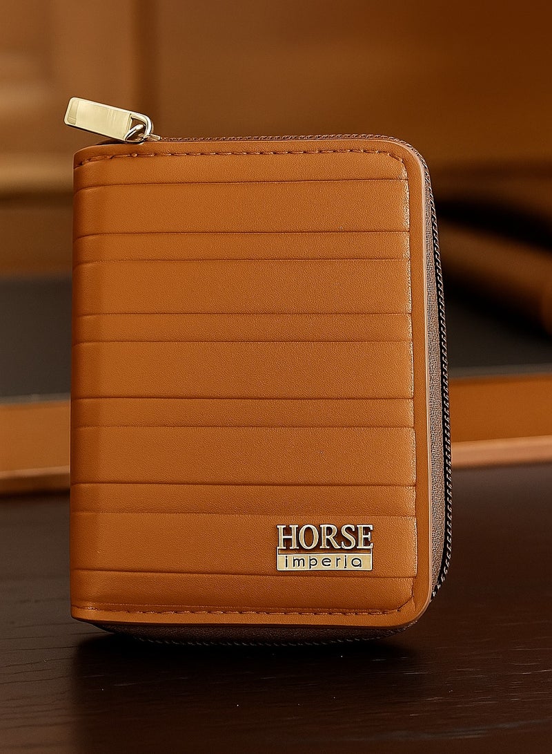 Horse Leather Card Holder with Zipper - Modern Design - Havana - Image 1