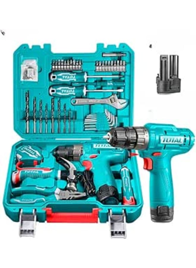 توتال مجموعة أدوات TOTAL مكونة من 89 قطعة مع مثقاب لاسلكي 12 فولت، وحزمة بطارية، ومفكات براغي، ورؤوس مثقاب، وأدوات يدوية