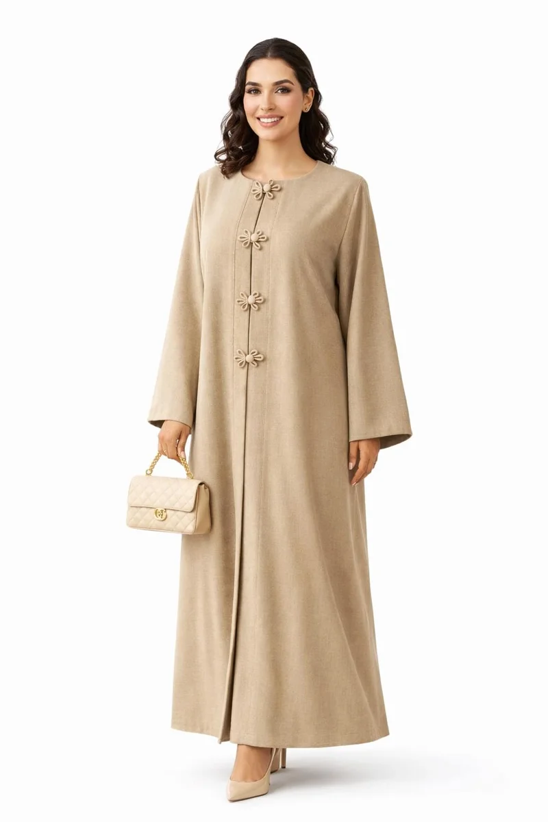 MSquare Fashion  Premium Bella Linen Blend Abaya I Elegant Front Button Design I Greige Color for Women | Best Price UAE