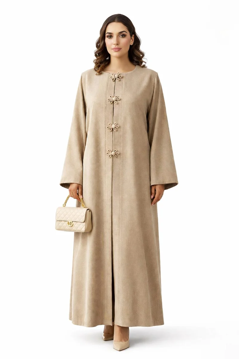 Premium Bella Linen Blend Abaya I Elegant Front Button Design I Greige Color