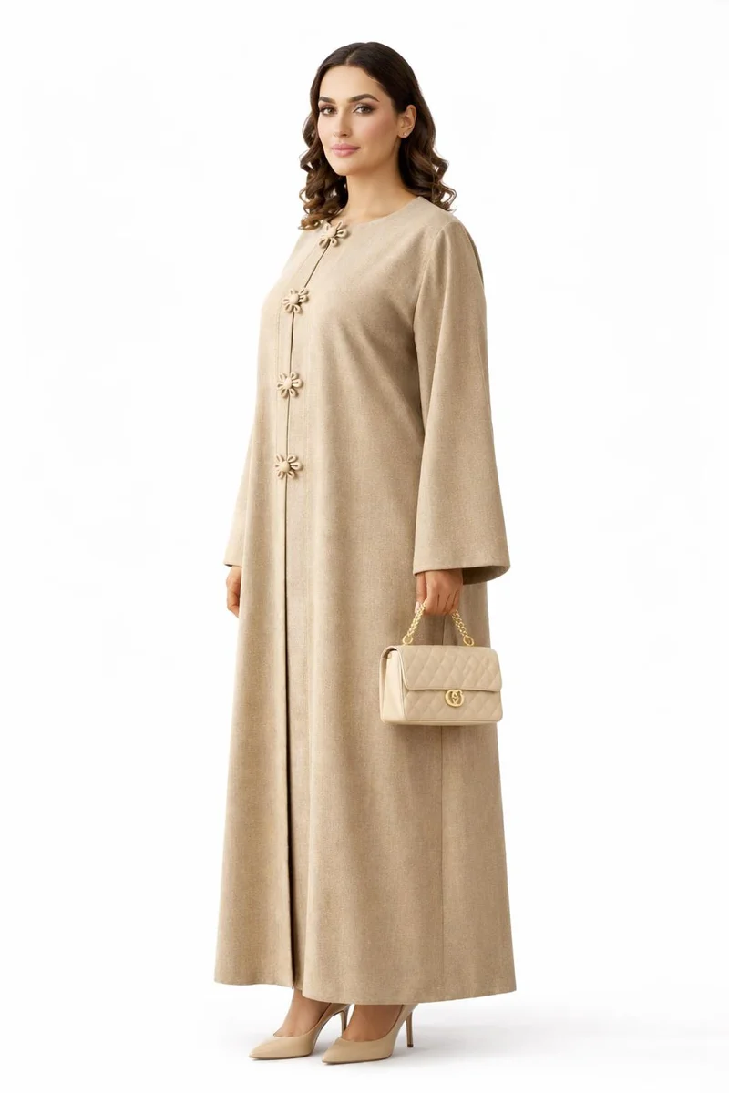 MSquare Fashion Premium Bella Linen Blend Abaya I Elegant Front Button Design I Greige Color