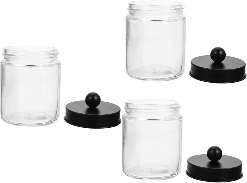 TIDTALEO Glass Cotton Swab Holder and Apothecary Jar Set 3pcs Glass Canisters with Black Stainless Steel round Lids Bathroom Organizer for Cotton Pads - Image 1