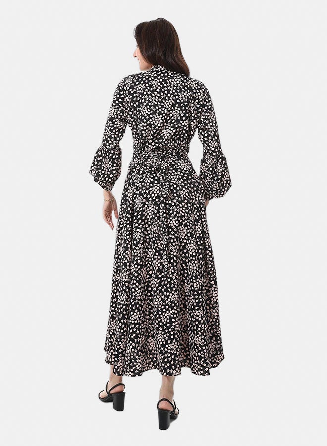 Andora Turn Down Collar Floral Long Dress _ Black & Kashmir - Image 4