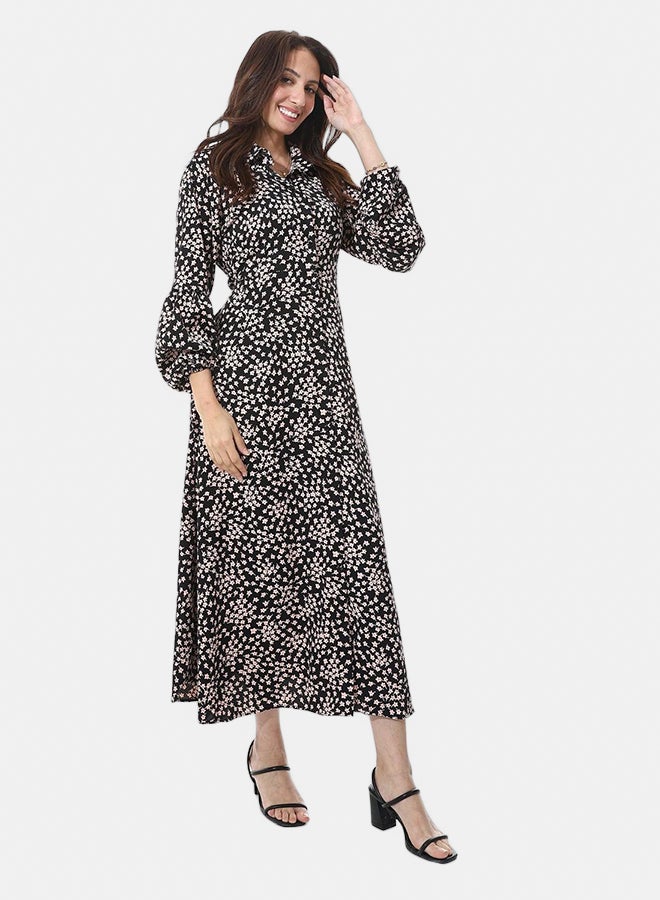 Andora Turn Down Collar Floral Long Dress _ Black & Kashmir - Image 2
