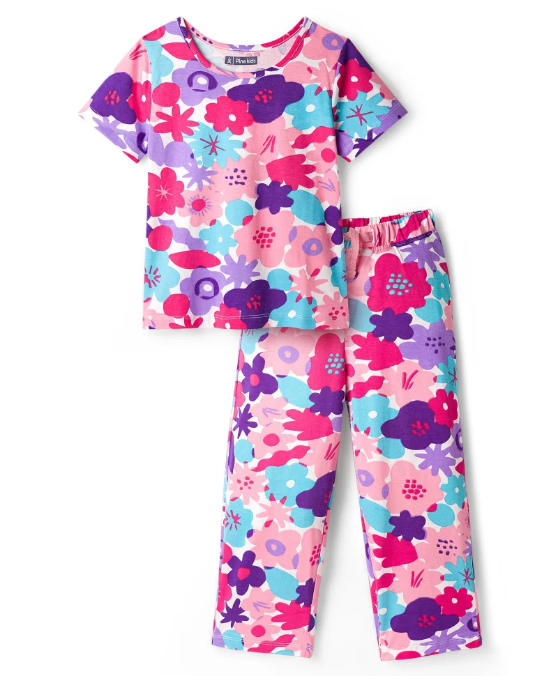 Pine Kids Pine Kids Single Jersey Knit Half Sleeves Night Suit With Floral Print - Pink & White