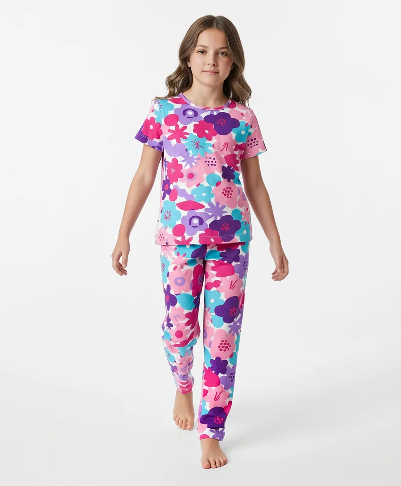 Pine Kids Pine Kids Single Jersey Knit Half Sleeves Night Suit With Floral Print - Pink & White