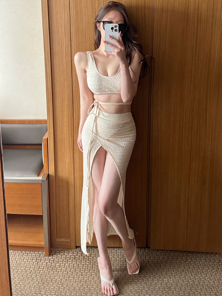 Beach Suit Solid Color V-Neck Strap Bikini Swimsuit Thigh Split Bikini Blouse - Image 3