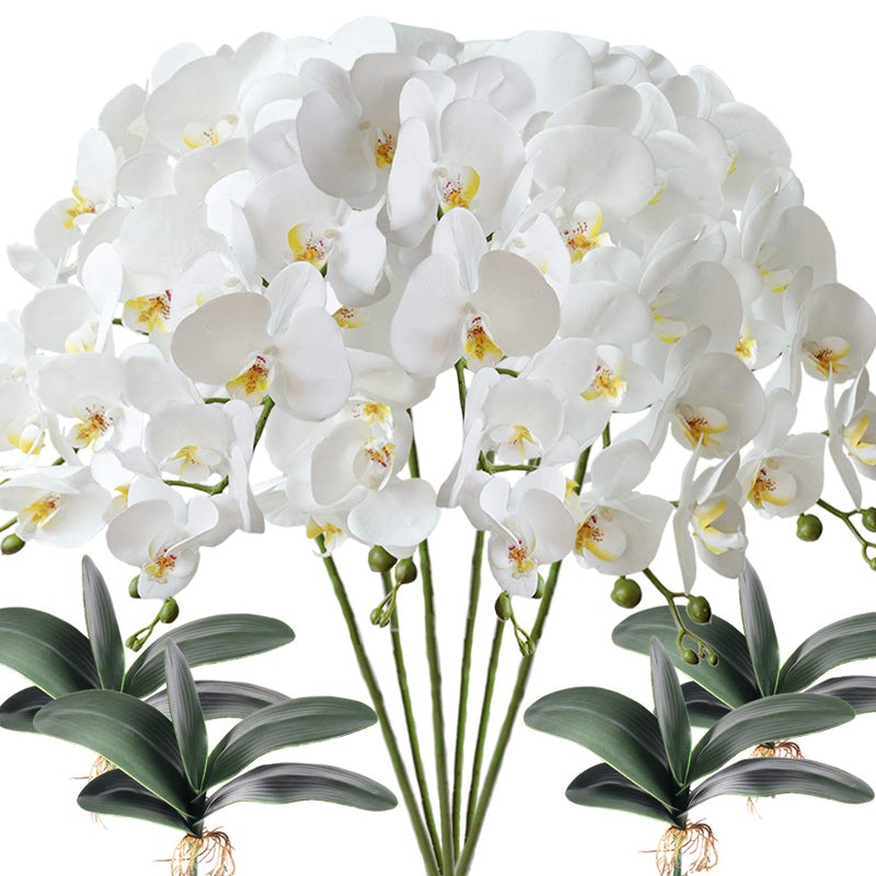 FagusHome 6 Pcs Artificial Phalaenopsis Flowers with 4 Bundles Leaves Artificial Orchid Flowers Stem Plants for Home Dcor