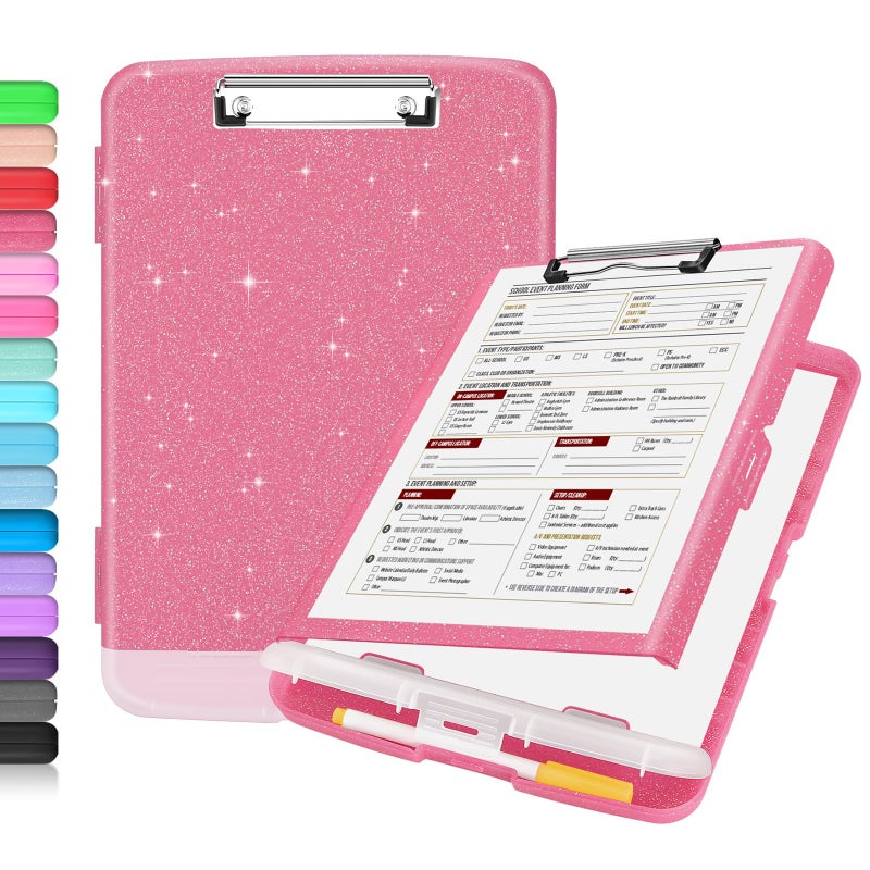 Sooez Glitter Clipboard with Storage, High Capacity Clip Boards 8.5x11 with Pen Holder, Cute Clipboards with Low Profile Clip, Sparkle Plastic Organizer Case Box for Women & Kids, Side Opening - Image 1