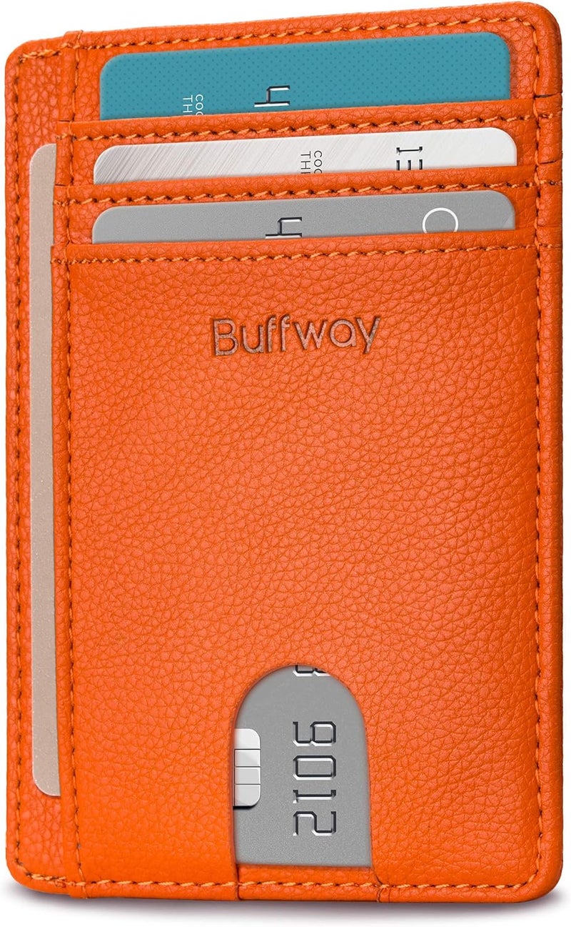 Buffway Slim Minimalist Front Pocket RFID Blocking Leather Wallets for Men and Women - Lichee Orange - Image 1