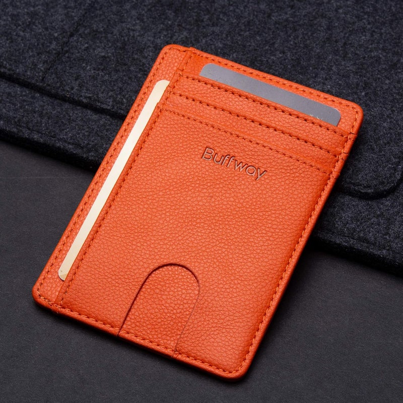 Buffway Slim Minimalist Front Pocket RFID Blocking Leather Wallets for Men and Women - Lichee Orange - Image 4