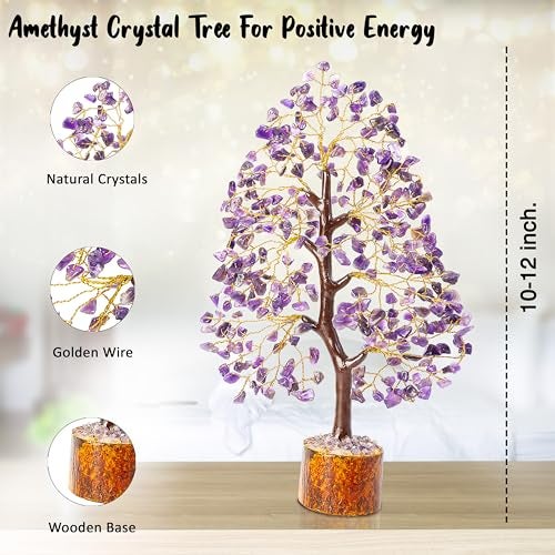 Crocon Amethyst Gemstone Tree Feng Shui Figurine Money Bonsai Good Luck Chakra Balancing Reiki Healing Crystals Decoration Ornament Sculpture Prosperity Table Decor Gift Size 10-12" - Image 3