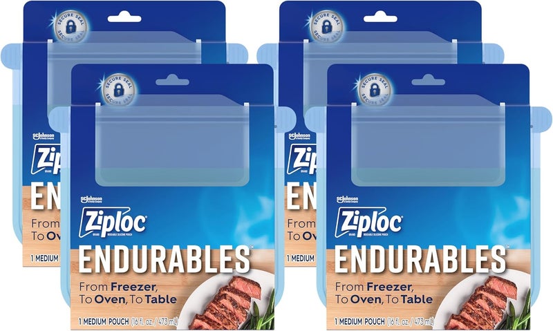 Ziploc Endurables Medium Pouch 2 Cups Reusable Silicone Bags and Food Storage Meal Prep Containers for Freezer Oven and Microwave Dishwasher Safe Pack of 4 - Image 1