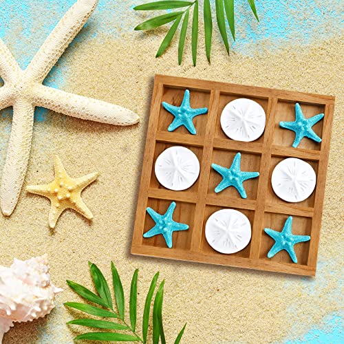 Chunful Beach House Decor Wooden Tic Tac Toe Game with Resin Seashell and Starfish Multilayer Tic Tac Toe Board Fun for Family Travel Beach Game 7.87 x 7.87 x 0.47 Inch (Wood Color) - Image 4