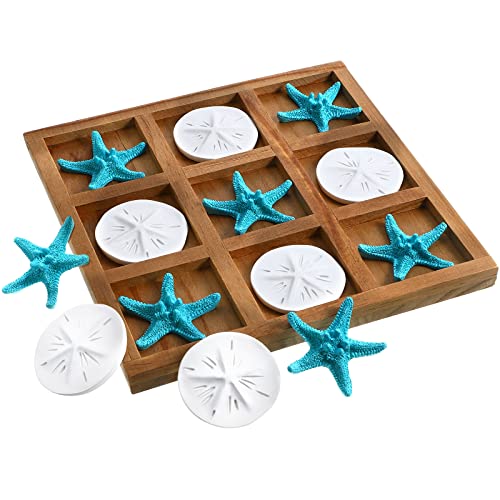 Chunful Beach House Decor Wooden Tic Tac Toe Game with Resin Seashell and Starfish Multilayer Tic Tac Toe Board Fun for Family Travel Beach Game 7.87 x 7.87 x 0.47 Inch (Wood Color) - Image 1