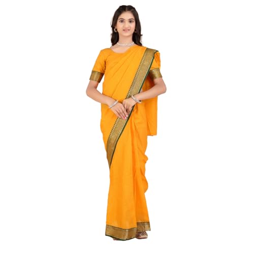 Xavima Light Yellow Jacquard Fabric Green Border Ready To Wear Kids Saree With Drape Style And Unstitched Blouse Piece For School Events Programs Stage Shows Entry Presentations_11-12 Years - Image 1