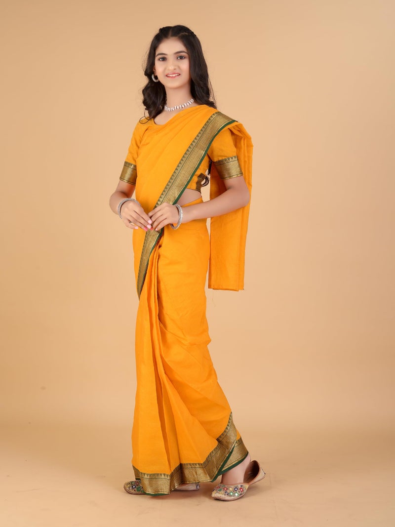 Xavima Light Yellow Jacquard Fabric Green Border Ready To Wear Kids Saree With Drape Style And Unstitched Blouse Piece For School Events Programs Stage Shows Entry Presentations_11-12 Years - Image 3