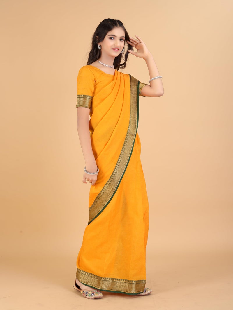 Xavima Light Yellow Jacquard Fabric Green Border Ready To Wear Kids Saree With Drape Style And Unstitched Blouse Piece For School Events Programs Stage Shows Entry Presentations_11-12 Years - Image 4
