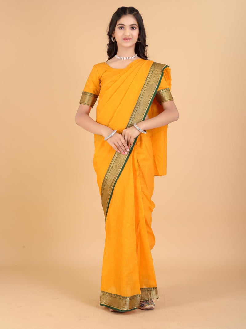 Xavima Light Yellow Jacquard Fabric Green Border Ready To Wear Kids Saree With Drape Style And Unstitched Blouse Piece For School Events Programs Stage Shows Entry Presentations_11-12 Years - Image 2