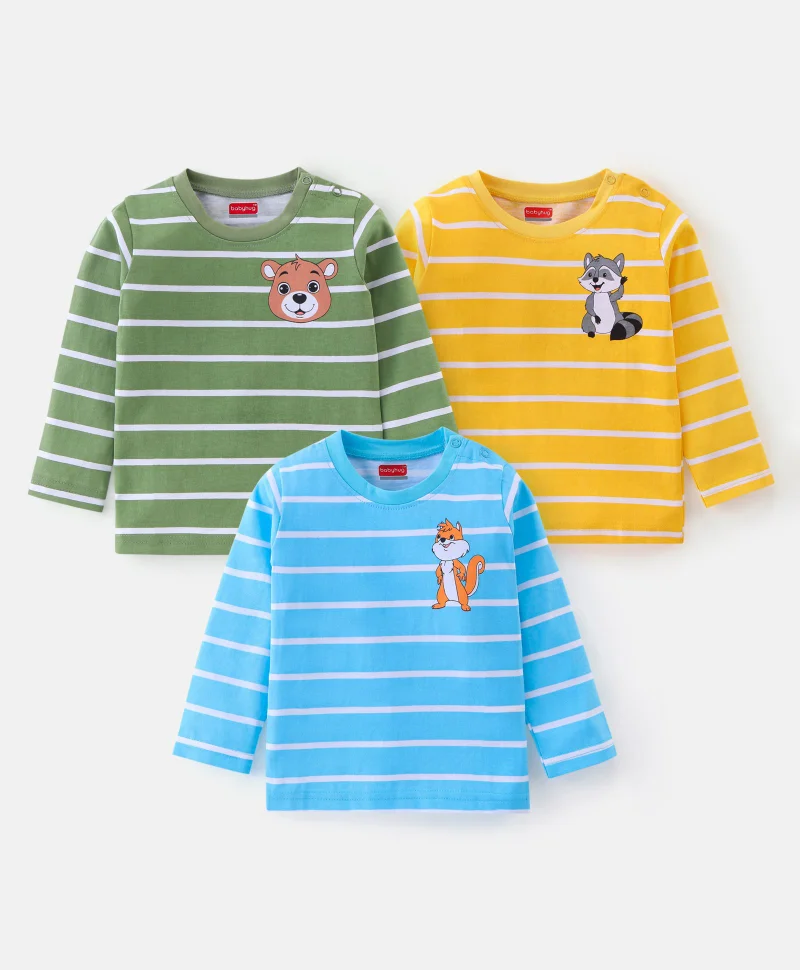 babyhug Babyhug Cotton Knit Full Sleeves T-Shirt With Wild Animal Graphics Pack Of 3 - Green Yellow & Blue