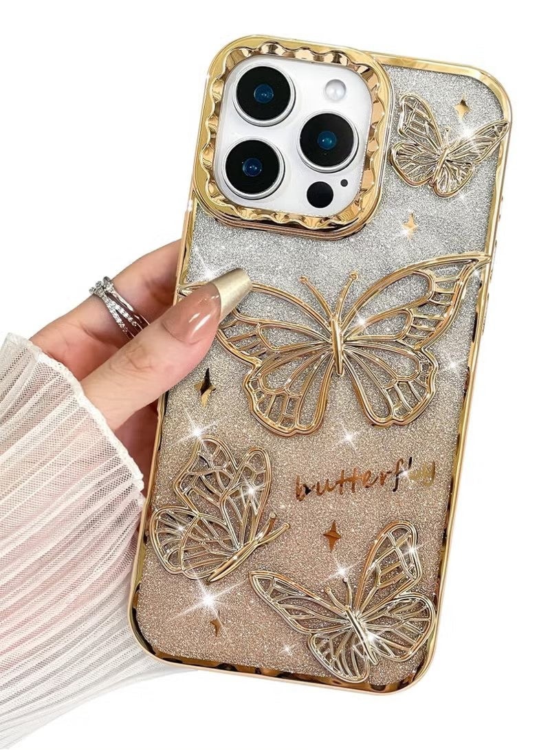 X-level for iPhone 16 Pro Max Cover, 3D Butterfly Case  Slim Plating Glitter Bling Luxury Cover for Women Girls Protective Camera Protection Bumper 6.9" Gold - Image 1