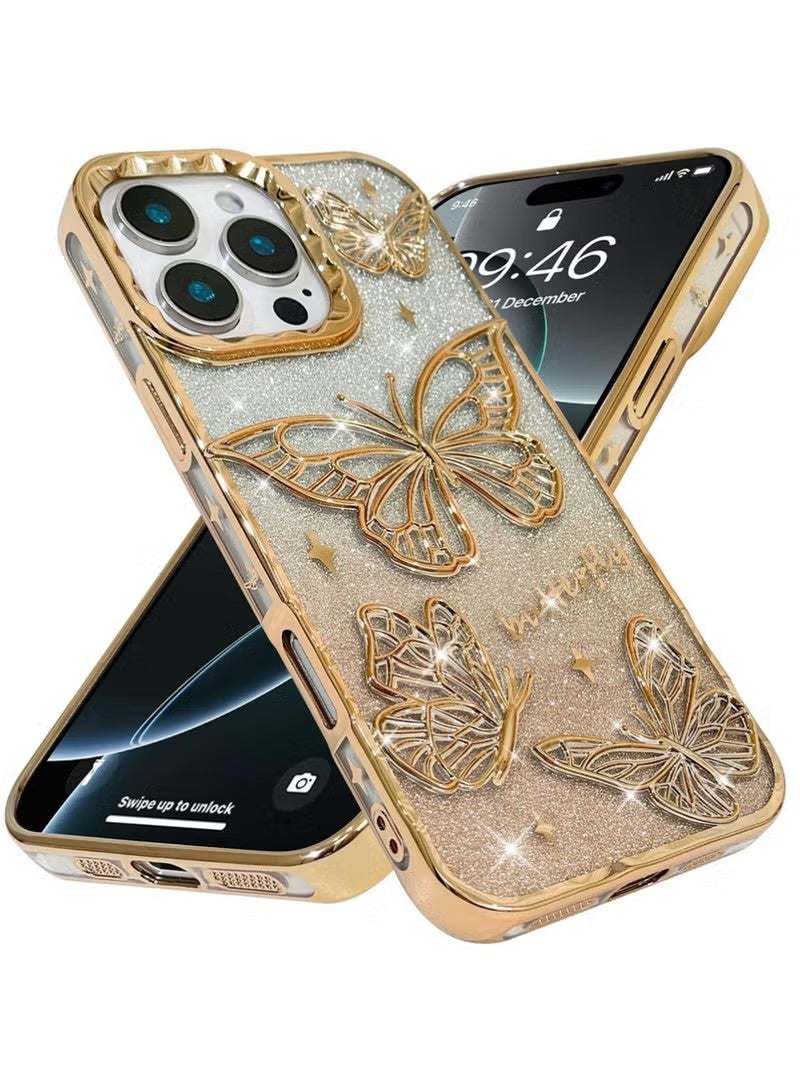 X-level for iPhone 16 Pro Max Cover, 3D Butterfly Case  Slim Plating Glitter Bling Luxury Cover for Women Girls Protective Camera Protection Bumper 6.9" Gold - Image 2