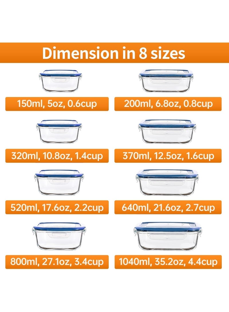 تايكوم مجموعة حاويات تحضير الوجبات الزجاجية، 8 قطع، حاويات تخزين طعام زجاجية متنوعة مع أغطية، صندوق غداء زجاجي للتحكم في الحصص، صندوق بينتو زجاجي محكم الإغلاق، حاويات غداء، عبوة من 8 قطع باللون الأزرق. - Image 5