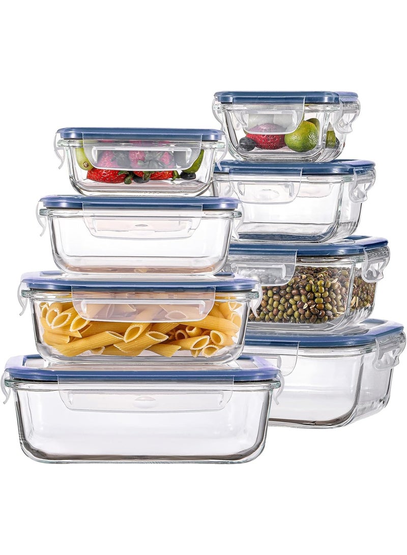 تايكوم مجموعة حاويات تحضير الوجبات الزجاجية، 8 قطع، حاويات تخزين طعام زجاجية متنوعة مع أغطية، صندوق غداء زجاجي للتحكم في الحصص، صندوق بينتو زجاجي محكم الإغلاق، حاويات غداء، عبوة من 8 قطع باللون الأزرق. - Image 1