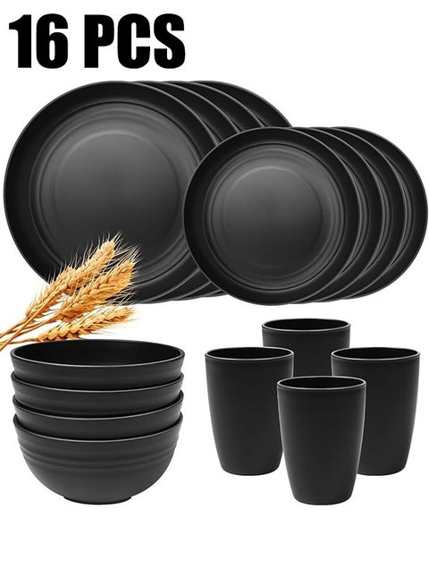 طقم أدوات مائدة، طقم أدوات مائدة من قش القمح، طقم أطباق وأوعية من 16 قطعة، طقم أدوات مائدة من قش القمح غير قابل للكسر، طقم أطباق بلاستيكية للتخييم، آمن للاستخدام في غسالة الأطباق والميكروويف، أساسيات المطبخ الخارجي والشقق، أسود