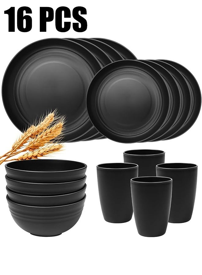 طقم أدوات مائدة، طقم أدوات مائدة من قش القمح، طقم أطباق وأوعية من 16 قطعة، طقم أدوات مائدة من قش القمح غير قابل للكسر، طقم أطباق بلاستيكية للتخييم، آمن للاستخدام في غسالة الأطباق والميكروويف، أساسيات المطبخ الخارجي والشقق، أسود - Image 1
