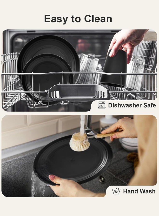 طقم أدوات مائدة، طقم أدوات مائدة من قش القمح، طقم أطباق وأوعية من 16 قطعة، طقم أدوات مائدة من قش القمح غير قابل للكسر، طقم أطباق بلاستيكية للتخييم، آمن للاستخدام في غسالة الأطباق والميكروويف، أساسيات المطبخ الخارجي والشقق، أسود - Image 4