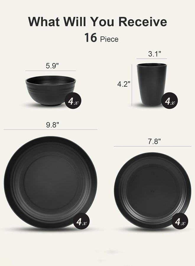 طقم أدوات مائدة، طقم أدوات مائدة من قش القمح، طقم أطباق وأوعية من 16 قطعة، طقم أدوات مائدة من قش القمح غير قابل للكسر، طقم أطباق بلاستيكية للتخييم، آمن للاستخدام في غسالة الأطباق والميكروويف، أساسيات المطبخ الخارجي والشقق، أسود - Image 2