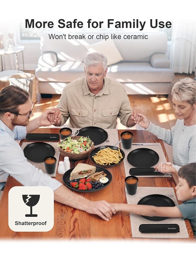 طقم أدوات مائدة، طقم أدوات مائدة من قش القمح، طقم أطباق وأوعية من 16 قطعة، طقم أدوات مائدة من قش القمح غير قابل للكسر، طقم أطباق بلاستيكية للتخييم، آمن للاستخدام في غسالة الأطباق والميكروويف، أساسيات المطبخ الخارجي والشقق، أسود - Image 5