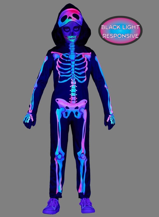 Seasons Rainbow Skeleton Costume with Hood for Kids, Black-Light Responsive, Halloween Cosplay Costume (M(8-10)) - Image 3